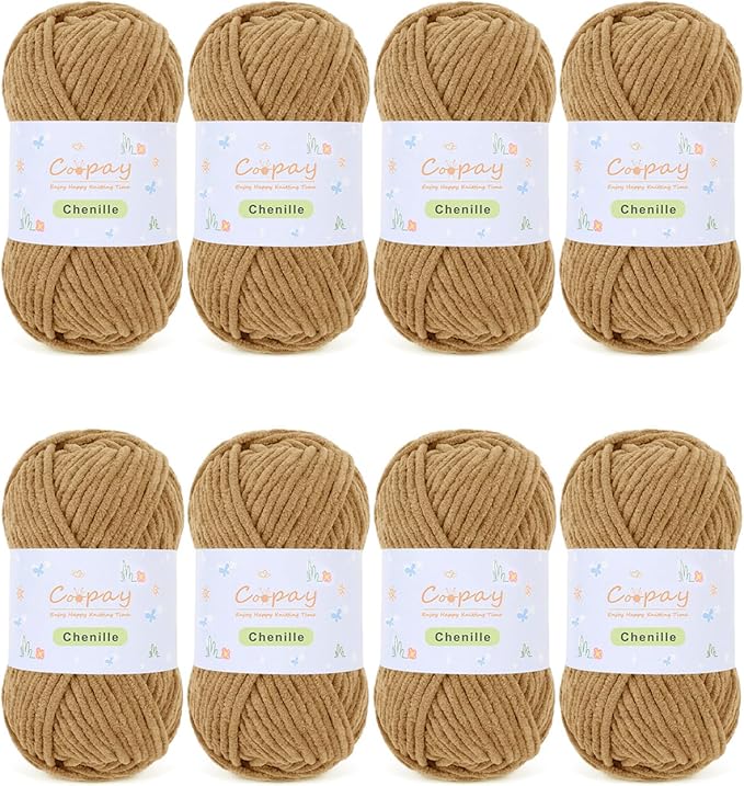 Coopay Chenille Yarn for Crocheting/Knitting, 8 Pack Medium Worsted Weight Yarn of 50g/1.76oz - Total 520yd, Soft Velvet Crochet Yarns for Plush Toys, Baby Blankets, Scarves (Brown)