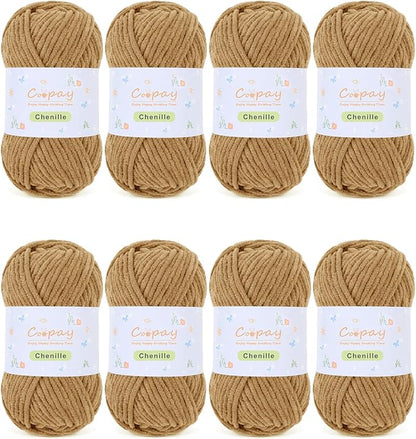 Coopay Chenille Yarn for Crocheting/Knitting, 8 Pack Medium Worsted Weight Yarn of 50g/1.76oz - Total 520yd, Soft Velvet Crochet Yarns for Plush Toys, Baby Blankets, Scarves (Brown)