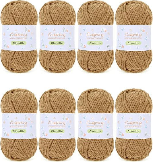 Coopay Chenille Yarn for Crocheting/Knitting, 8 Pack Medium Worsted Weight Yarn of 50g/1.76oz - Total 520yd, Soft Velvet Crochet Yarns for Plush Toys, Baby Blankets, Scarves (Brown)