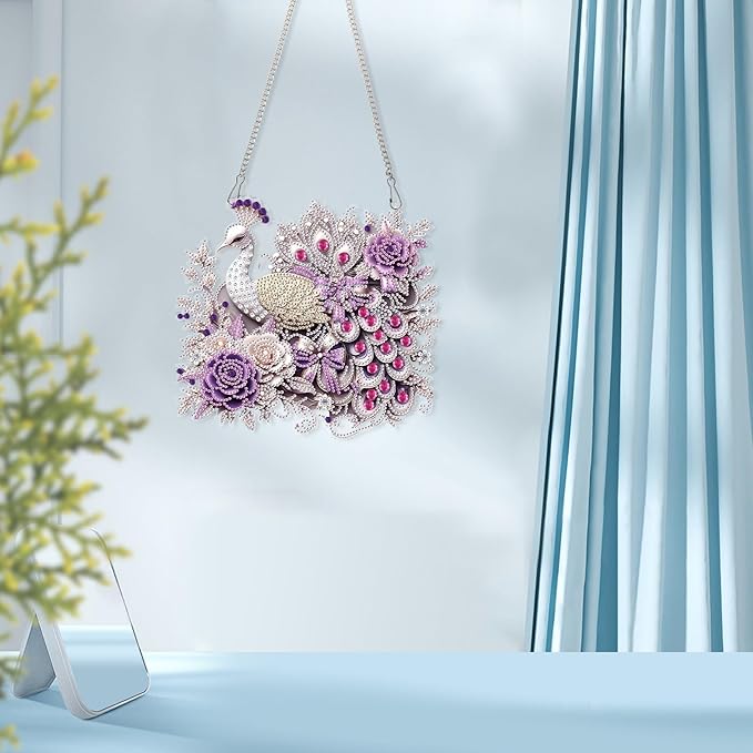 AiYuanzsh Diamond Painting Hanging Kit Peacock with Roses Design, Elegant Special Shaped Diamond Art Suncatcher for Adults DIY Wall Window Ornament Decoration