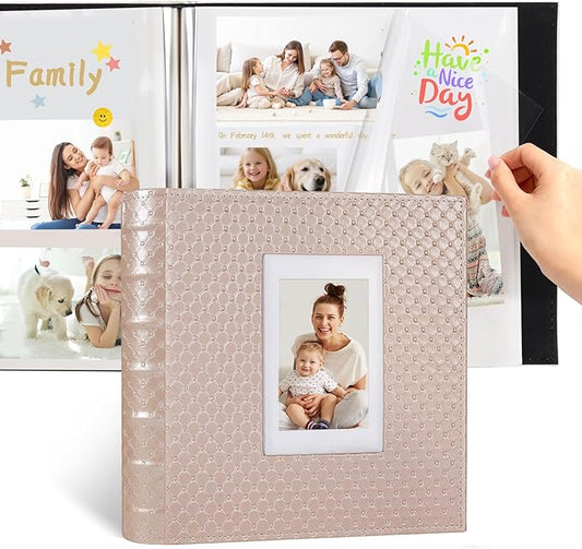 RECUTMS DIY 60 Pages Leather Cover Scrapbook Photo Album 4x6 5x7 8x10 Self Adhesive Photo Album Holds Photos of Any Size Baby Family Wedding Anniversary Albums(Light Pink)