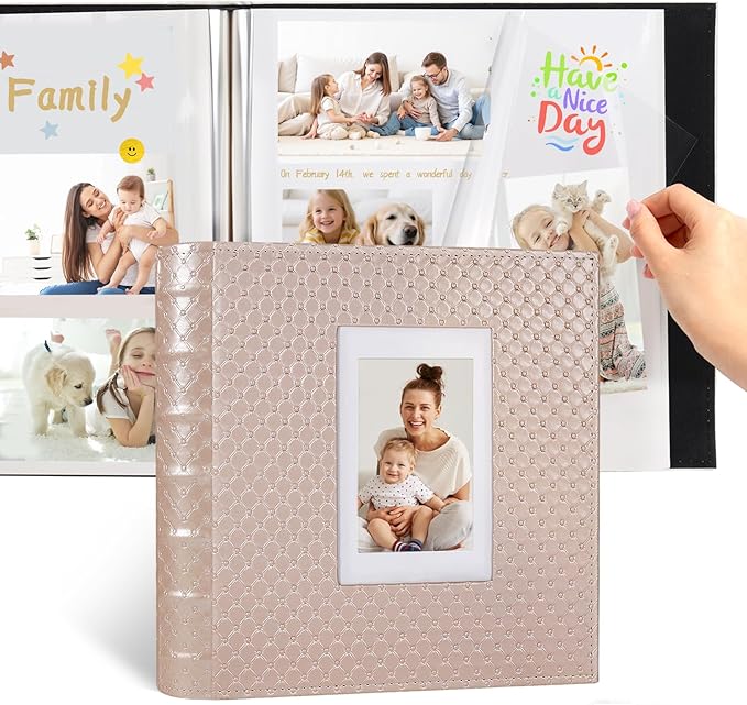 RECUTMS DIY 60 Pages Leather Cover Scrapbook Photo Album 4x6 5x7 8x10,Self Adhesive Photo Album Holds Photos of Any Size Baby Family Wedding Anniversary Albums(Light Champagne)