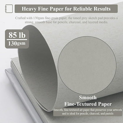 SuFly Toned Gray Sketch Book 8"x10" - 60 Sheets Spiral Bound Sketch Pad, 85lb/130gsm Art Paper for Graphite, Charcoal, Colored Pencils and Gel pens.