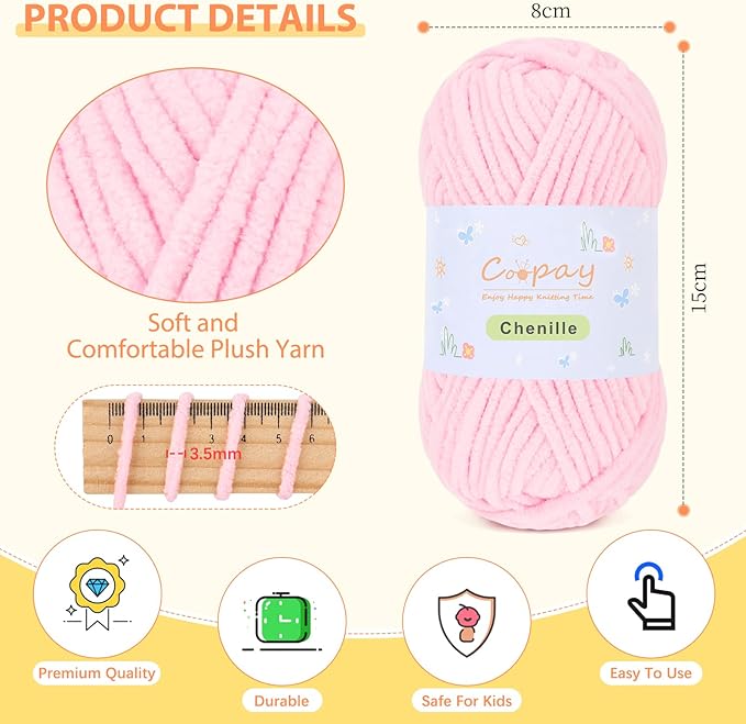 Coopay Chenille Yarn for Crocheting/Knitting, 8 Pack Medium Worsted Weight Yarn of 50g/1.76oz - Total 520yd, Soft Velvet Crochet Yarns for Plush Toys, Baby Blankets, Scarves (Pink)