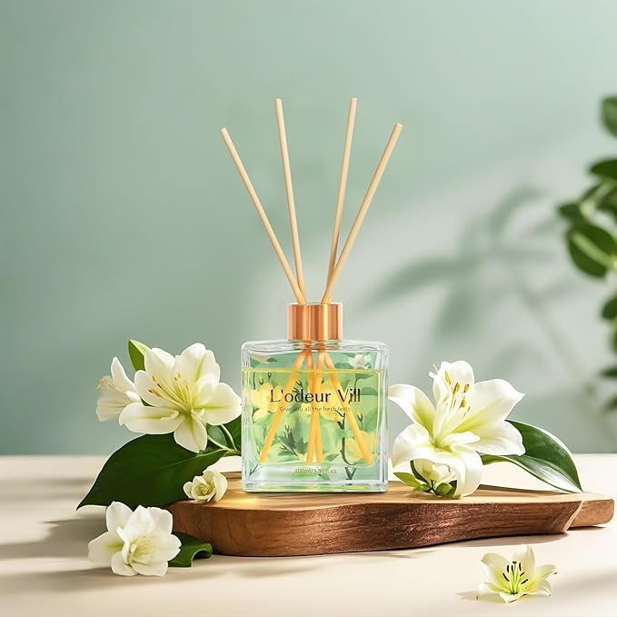 L'odeur Vill Reed Diffuser Set/Jasmine & Lily/3.38 fl.oz（100ML）/1 Pack with 6 Reed Sticks/Home Fragrance Diffuser, Oil Scent Diffuser for Bathroom Shelf Decor.