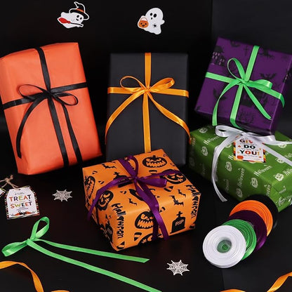 TONIFUL 5 Rolls Halloween Satin Ribbon - 3/8 Inch x 25 Yards Ribbon Set for Spooky Crafts, Costume Decor, Gift Wrapping,Bows Making, Home & Party Decoration (Purple, Orange, White, Black, Lime Green)