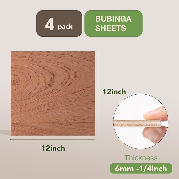 ROBOTIME 4-Pack 6mm Bubinga Plywood for Laser Cutting -12 x 12 x 1/4 Inch - Laser Engraving Blanks