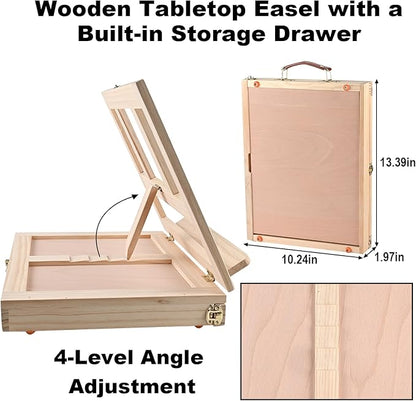 140-Piece All-in-One Painting Kit with Tabletop Wood Easel Box, 72-Color Acrylic Watercolor Oil Paint Set, Canvases, 41 Paintbrushes & Art Supplies for Adults, Artists & Beginners