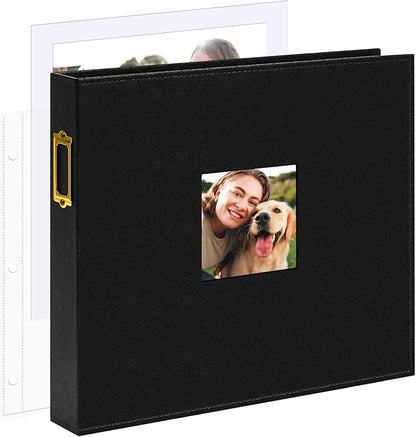 Vienrose 12x12 Inch Large 3 Ring DIY Scrapbook Photo Album Leather Cover Scrap Book Albums Blank Scrapbooks Photobook with 50 Plastic Sleeves 100 Pages for Wedding Baby Family Anniversary (Black)