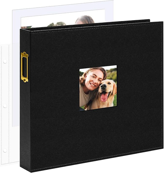 Vienrose 12x12 Inch Large 3 Ring DIY Scrapbook Photo Album Leather Cover Scrap Book Albums Blank Scrapbooks Photobook with 50 Plastic Sleeves 100 Pages for Wedding Baby Family Anniversary (Black)