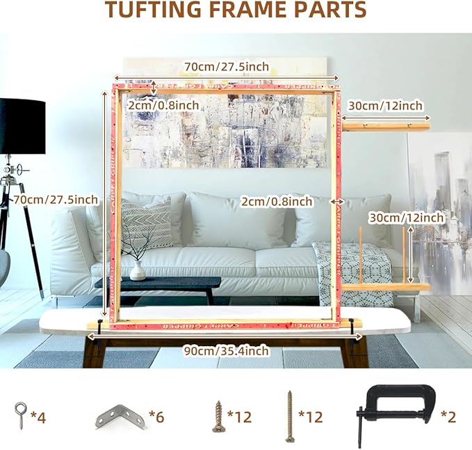 Tufting Frame, Rug Tufting Frame, 27.5”x 27.5” Tufting Frame for Rug Making, Wooden Rug Making Tools Kit Suitable for Electric Rug Gun Sewing Embroidery Rug Making Beginner (27.5in x 27.5in)