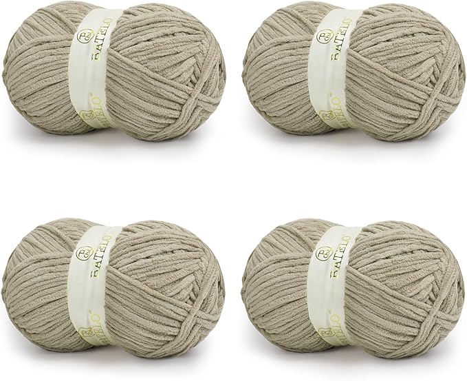 Chenille Yarn for Crocheting & Knitting 880 Yards, Soft Thick Fluffy Bulky Blanket Yarn, 4 Pack of 10.5oz(Vintage Khaki)
