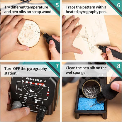 YIHUA 939 III Dual Pen Pyrography Station 2-in-1 Wood-Burning Tool with Two Wood-Burning pens 250-750°C Temperature Adjustable 20 Detailer nibs and 7 Essential Accessories and Tools Included