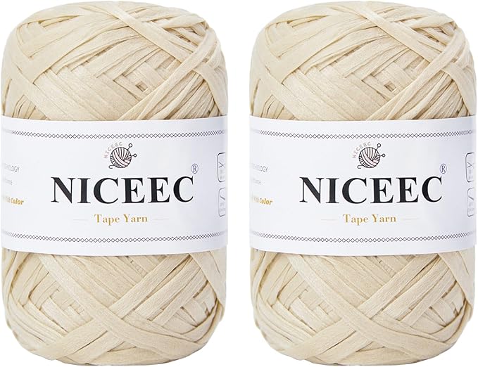 NICEEC 2 Skeins Soft Tape Yarn, Easy Crohcet Raffia, Crochet & Knitting, Paper Ribbon Yarn for DIY Craft Gift Wrapping Total Length 1.76oz×2/109yds×2 - Off-White