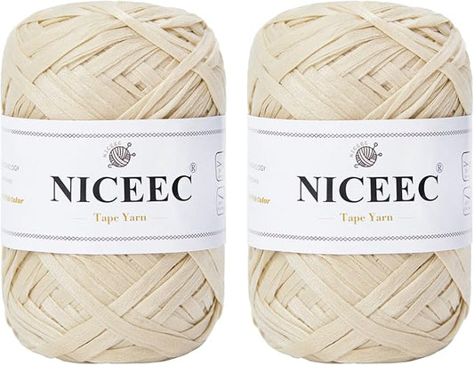 NICEEC 2 Skeins Soft Tape Yarn, Easy Crohcet Raffia, Crochet & Knitting, Paper Ribbon Yarn for DIY Craft Gift Wrapping Total Length 1.76oz×2/109yds×2 - Off-White