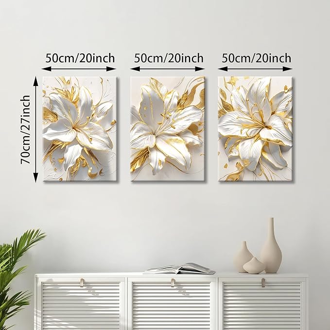 WENGTIAO 3Pcs Elegant White Lily Flowers Canvas Wall Art Boho White Floral Gold Edges Prints Pictures Paintings Beige Blossom Artwork for Living Room Bedroom Office Bathroom 20”x28 x3