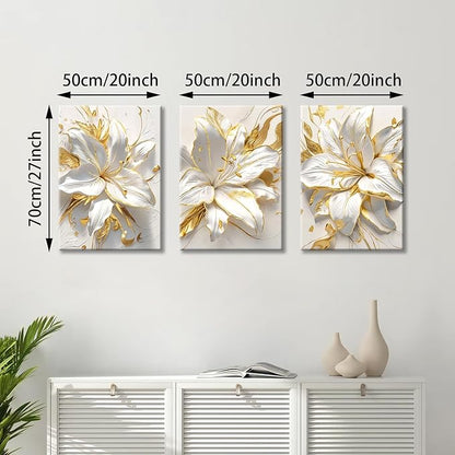 WENGTIAO 3Pcs Elegant White Lily Flowers Canvas Wall Art Boho White Floral Gold Edges Prints Pictures Paintings Beige Blossom Artwork for Living Room Bedroom Office Bathroom 20”x28 x3
