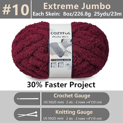 Chunky Yarn for Hand Knitting - #10 Chunky Chenille Yarn, Jumbo Big Thick Chunky Yarns for Crocheting, Super Bulky Chunky Knit Blanket Yarns, 8 Skein (25 yds 8 oz Each Skein), Burgundy