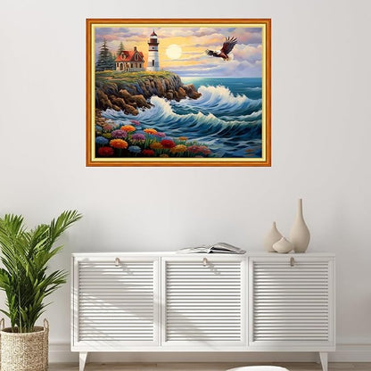 Foxhool Stamped Cross Stitch Kits,11CT Printed Cross Stitch Pattern Full Embroidery Kits for Beginner Needlepoint Kits-Sunrise Lighthouse 16x20 inch