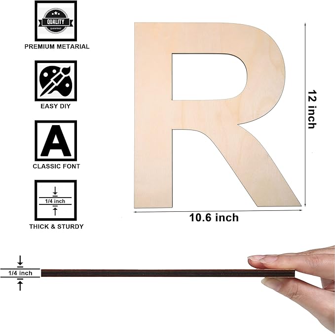 12 Inch Wooden Letter R, 1/4 Inch Thick Large Unfinished Wood Letter for DIY Crafts Home Wall Decor