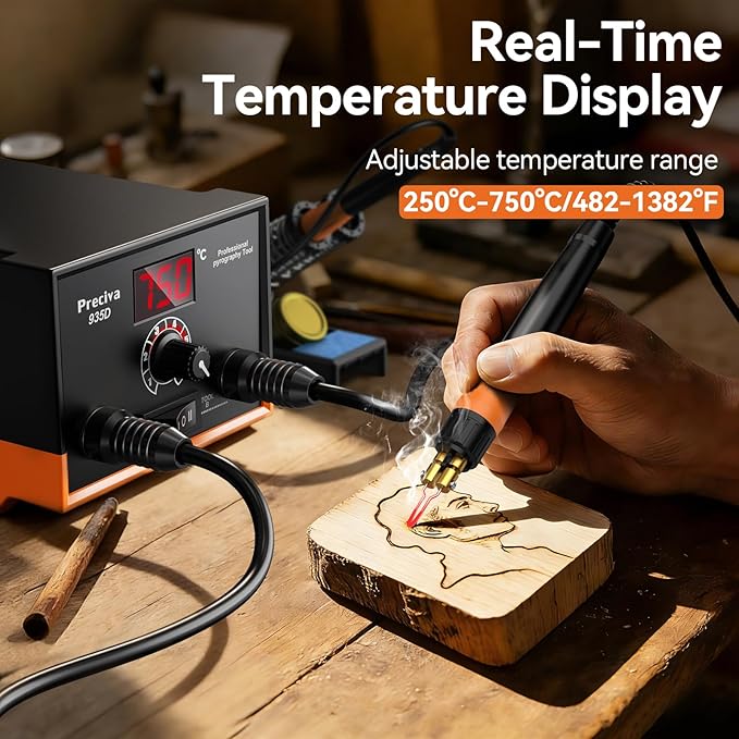 Preciva 935D Wood Burning Kit, Adjustable Temperature Wood Burner Tool with Dual Pens, Dual-Barrel Holder,Digital Display, 20 Interchangeable Wood Burner Tips & 20 Wooden Blocks for Pyrography Art