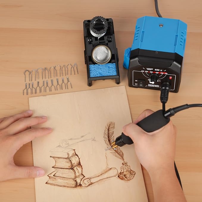 WEP 939-II Pyrography Station Wood Burning Kit 32-IN-1 with 20 Wood Burner Tips Comfort Pen with 2 Letter Number Stencils, 2 Unfinished Wood, 1 Pen Holder Woodburning Tools