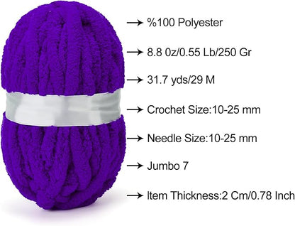 ERLYEEN Chenille Chunky Yarn Super Bulky Soft Thick Fluffy Jumbo Giant Washable Polyester Big Yarn DIY for Arm Knit Blanket Cushion Bed Sofa Home Decor,Purple,0.55LB
