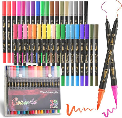 CAISEXILE 36 Colors Duo Tip Pens Art Markers Set, 72 Nibs Fine and Brush Tip for Adult Coloring Books Journaling Note Taking Lettering Calligraphy Drawing Pens Supplies