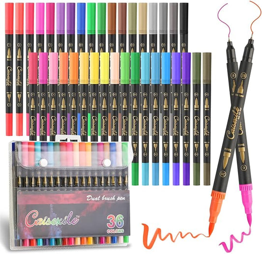 CAISEXILE 36 Colors Duo Tip Pens Art Markers Set, 72 Nibs Fine and Brush Tip for Adult Coloring Books Journaling Note Taking Lettering Calligraphy Drawing Pens Supplies