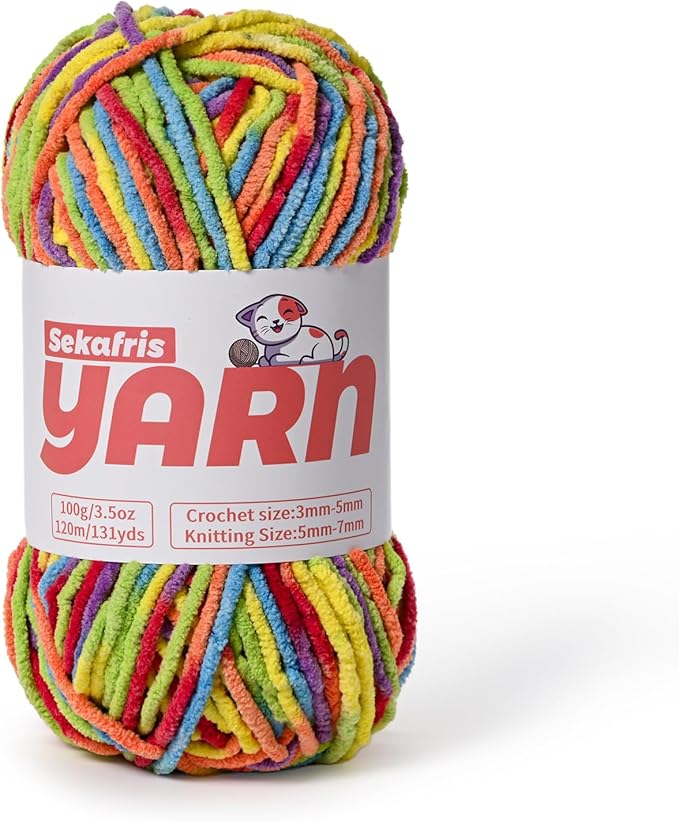 Plush Chunky Chenille Yarn for Crocheting, Soft Fluffy Velvet Yarn for Crocheting, Fuzzy Baby Blanket Knitting Yarns, 100g/131yds Bulky Amigurumi Yarns（Rainbow）