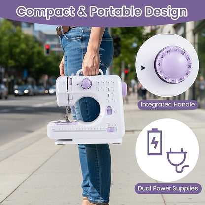 COSTWAY Sewing Machine for Beginner, Portable Mini Electric Sewing Machine with 12 Built-in Stitches, Accessory Kit, LED Light, 2 Speeds & Foot Pedal, Storage Drawer, Ideal for Home DIY Projects