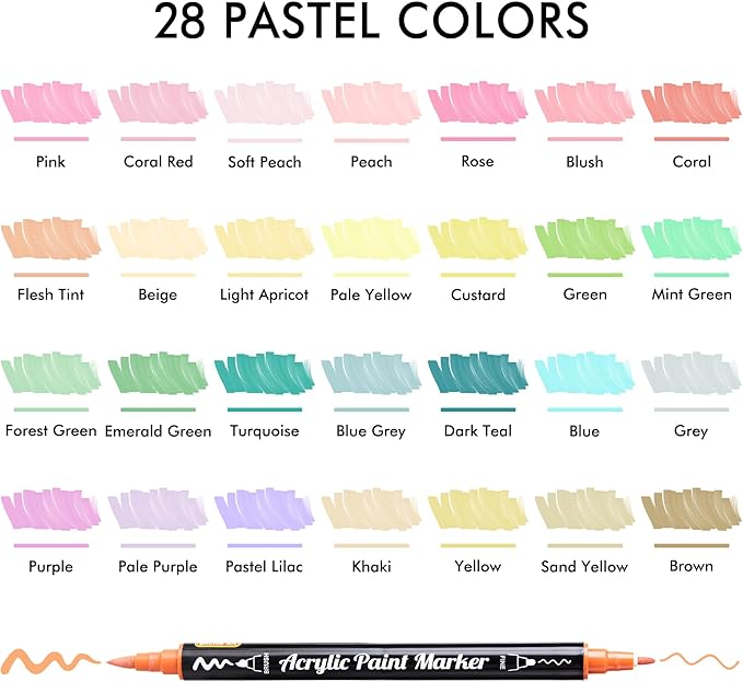 28 Pastel Colors Dual Tip Acrylic Paint Markers, Brush Tip and Fine Tip Acrylic Paint Pens for Rock, Ceramic, Wood, Canvas, Plastic, Glass, Stone, Calligraphy, Card Making, Crafts & Nail Art