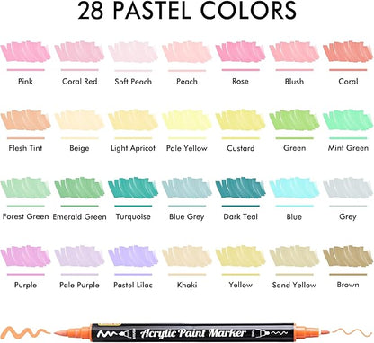 28 Pastel Colors Dual Tip Acrylic Paint Markers, Brush Tip and Fine Tip Acrylic Paint Pens for Rock, Ceramic, Wood, Canvas, Plastic, Glass, Stone, Calligraphy, Card Making, Crafts & Nail Art