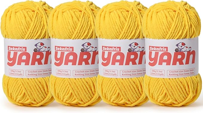 4 Pack Plush Chunky Chenille Yarn for Crocheting, Soft Fluffy Velvet Yarn for Crocheting Amigurumi, Fuzzy Baby Blanket Knitting 400g/524yds Bulky(4 Golden Yellow)