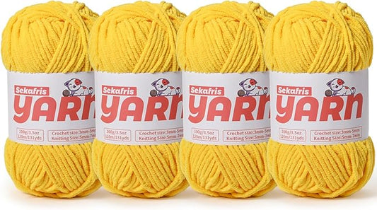 4 Pack Plush Chunky Chenille Yarn for Crocheting, Soft Fluffy Velvet Yarn for Crocheting Amigurumi, Fuzzy Baby Blanket Knitting 400g/524yds Bulky(4 Golden Yellow)