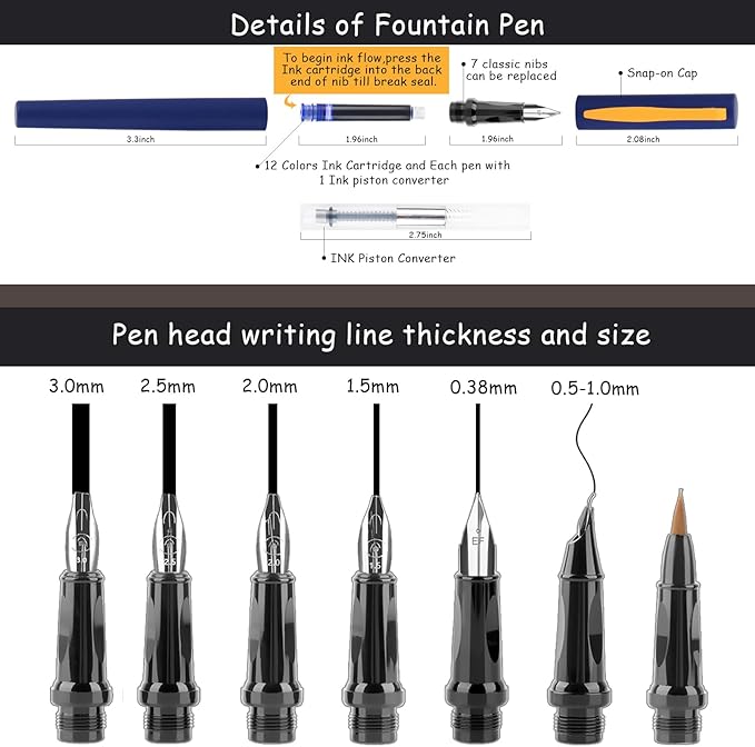 Aifeiter Calligraphy Pen set,Calligraphy Fountain Pens with 7 Different Replaceable Nibs with 60 Ink Cartridges(12 Colors),3 multi-functional color Fountain pens