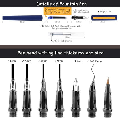 Aifeiter Calligraphy Pen set,Calligraphy Fountain Pens with 7 Different Replaceable Nibs with 60 Ink Cartridges(12 Colors),3 multi-functional color Fountain pens