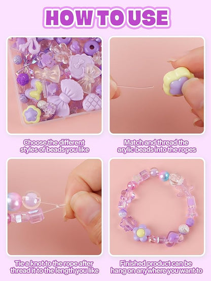 150PCS Acrylic Pastel Beads for Jewelry Making, Kalolary Colorful Bow Butterfly Flower Kawaii Plastic Candy Heart Cute Macaroon Aesthetic Beads for Bracelet Necklace DIY Supplies (Purple)