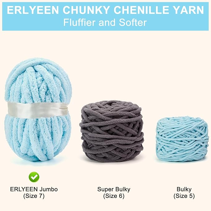 ERLYEEN Chenille Chunky Yarn Super Bulky Soft Thick Fluffy Jumbo Giant Washable Polyester Big Yarn DIY for Arm Knit Blanket Cushion Bed Sofa Home Decor,Light Blue,0.55LB