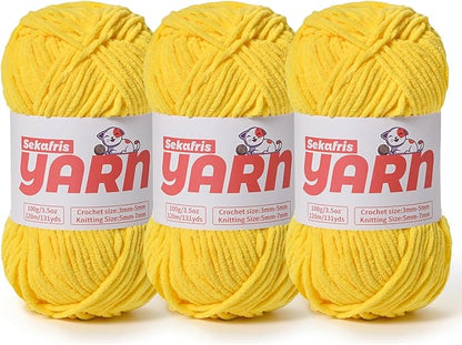 3 Pack Plush Chunky Chenille Yarn for Crocheting, Soft Fluffy Velvet Yarn for Crocheting, Fuzzy Baby Blanket Knitting Yarn, 300g/393yds Bulky Amigurumi Yarns（3 Yellow）