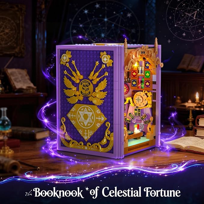 INSOON Upgraded Mystic Divination Book Nook Building Set with Rechargeable Lights, 1447 PCS DIY Magic Booknook Building Block Kit Home Decor, Miniature Book House Model Gift for Adults Boys Girls 12+
