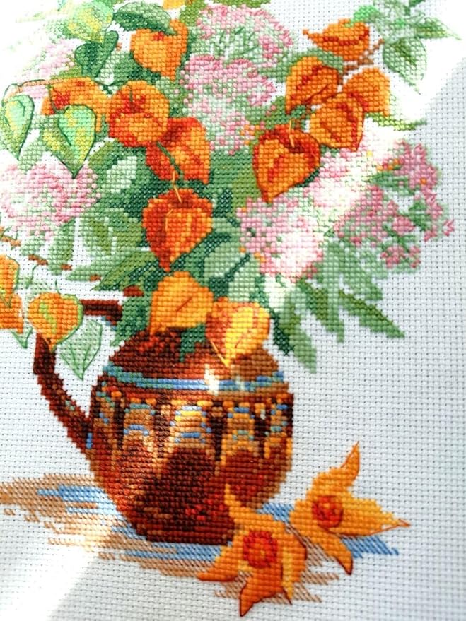 RIOLIS - Bouquet with Physalis 2086, Cross Stitch Kits 8¼" x 11¾", Cross Stitch Kits for Beginners & Advanced, Crossstitching Kit Adult, Embroidery Counted Stitching Kit