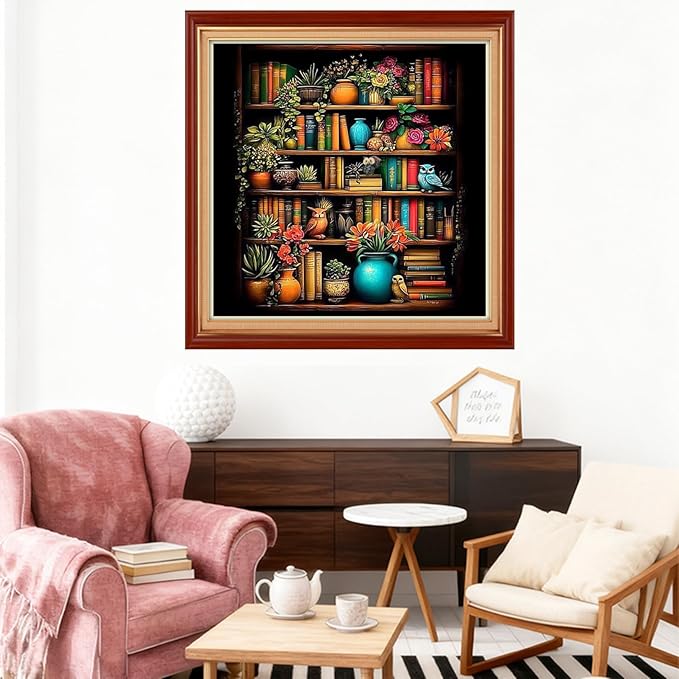 Joyhoor Stamped Cross Stitch Kits for Beginners Needlepoint Kits for Adults Embroidery Kits 11CT Counted Cross Stitch Kits Printed Embroidery Pattern-Bookshelf Flowers 18x18 inch