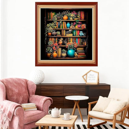 Joyhoor Stamped Cross Stitch Kits for Beginners Needlepoint Kits for Adults Embroidery Kits 11CT Counted Cross Stitch Kits Printed Embroidery Pattern-Bookshelf Flowers 18x18 inch