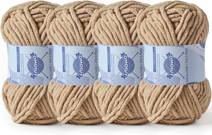 Chunky Chenille Yarn for Crocheting，Baby Yarn for Crocheting Soft Blankets，Bulky Yarns for Crochet Amigurumi，4×100g (4×74.3yds) Fluffy Velvet Yarns for Hand Knitting (4 Khaki)