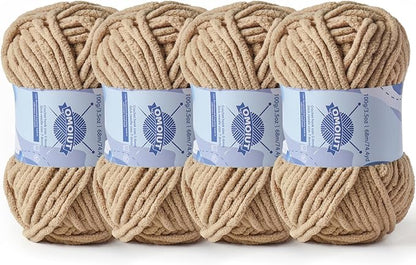 Chunky Chenille Yarn for Crocheting，Baby Yarn for Crocheting Soft Blankets，Bulky Yarns for Crochet Amigurumi，4×100g (4×74.3yds) Fluffy Velvet Yarns for Hand Knitting (4 Khaki)