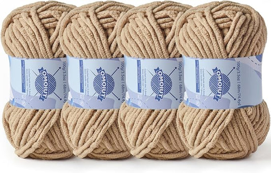 Chunky Chenille Yarn for Crocheting，Baby Yarn for Crocheting Soft Blankets，Bulky Yarns for Crochet Amigurumi，4×100g (4×74.3yds) Fluffy Velvet Yarns for Hand Knitting (4 Khaki)