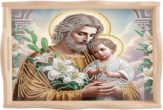 JISHSHAY Diamond Art Serving Tray Diamond Painting Wooden Tray Gem Art Serving Platter Gem Painting Mosaic Kits for Adults DIY Kits for Adults, with Handle 20×30cm/7.87×11.81in, Jesus