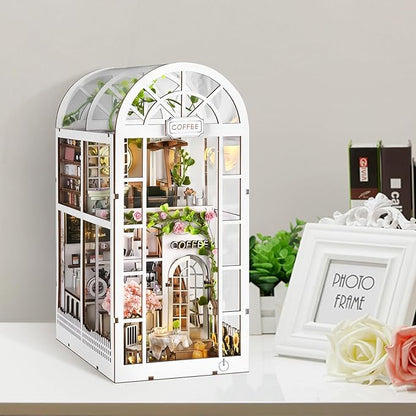 Foyucool DIY Book Nook Kit, Miniature Bookshelf Decor with LED Lights, Laser-Cut Wooden Craft Set for Adults, Creative Gift for Christmas, Birthday, Coffee Garden