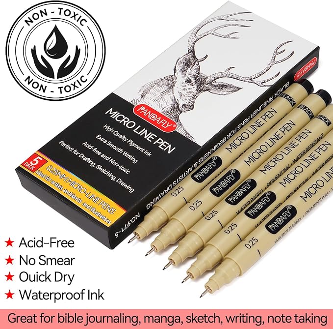 PANDAFLY Black Fineliners Pens, 0.25mm, 5 Pack Ultra Fine Point Pen, Black Art Pen for Drawing, Micro Pens for Drawing, Sketching, Bible Journaling, Manga, Anime
